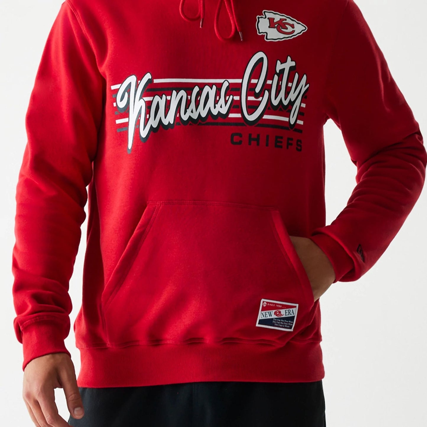 The Male model is wearing Kansas City Chiefs NFL Throwback Red Pullover Hoodie 3