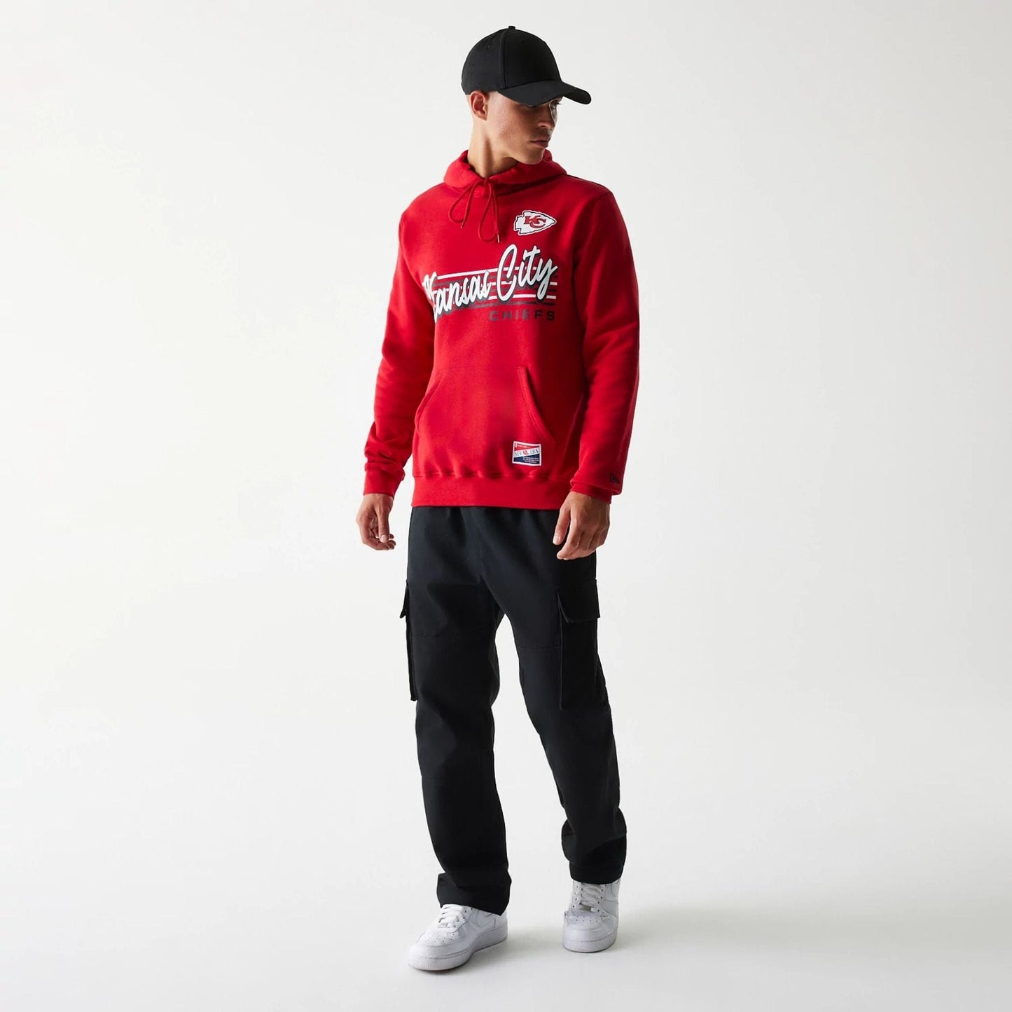 The Male model is wearing Kansas City Chiefs NFL Throwback Red Pullover Hoodie 6