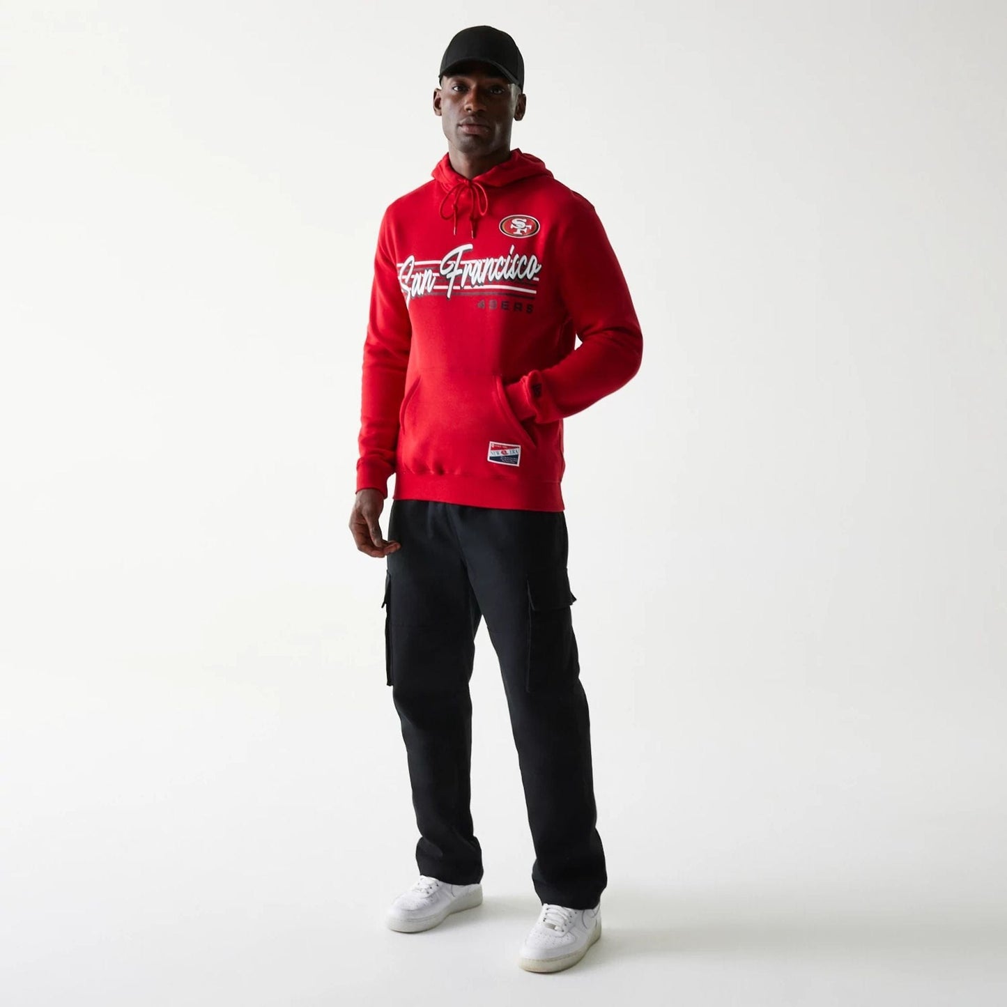The Male model is wearing San Francisco 49ers NFL Throwback Red Pullover Hoodie 6