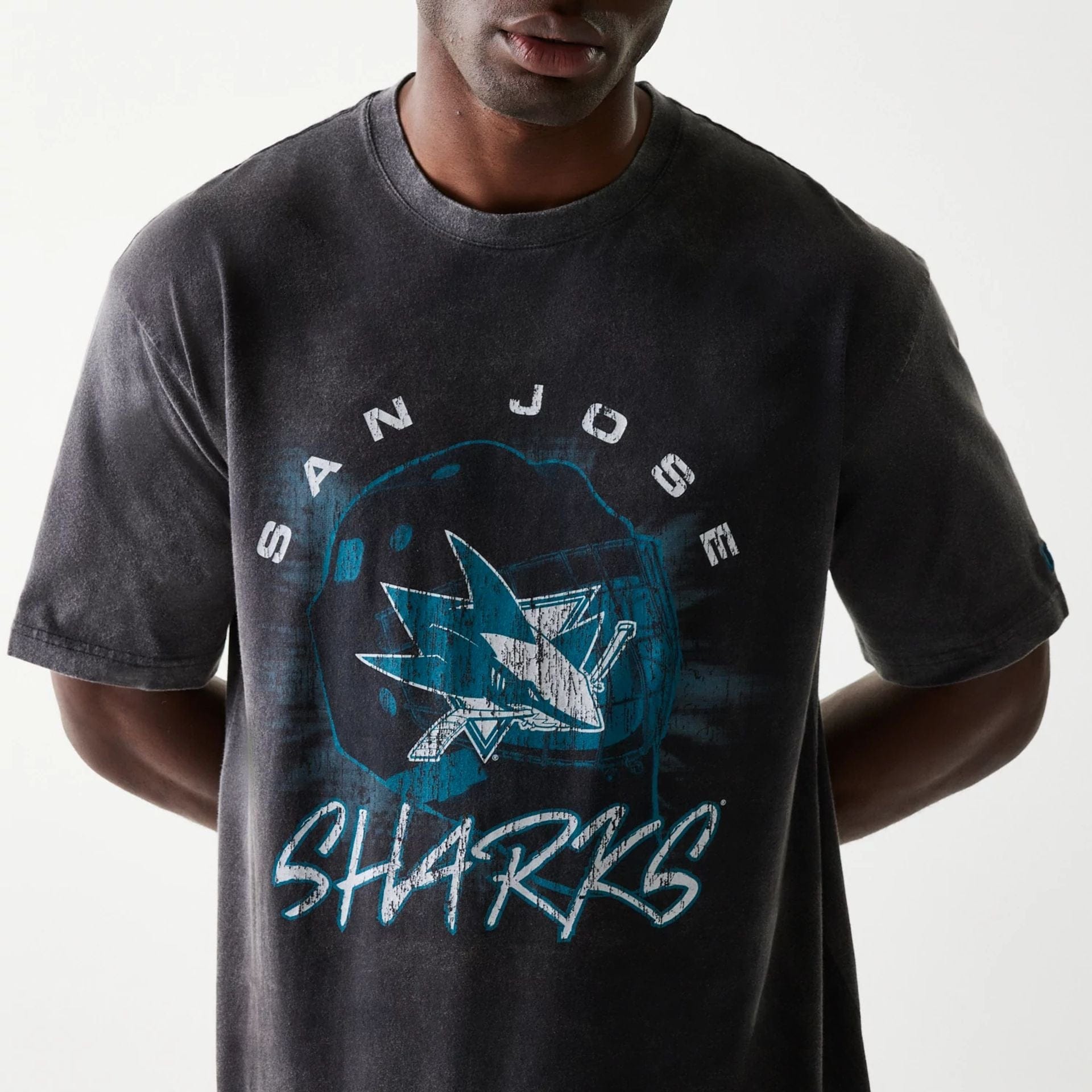 The Male model is wearing San Jose Sharks NHL Sport Night Black T-Shirt 3