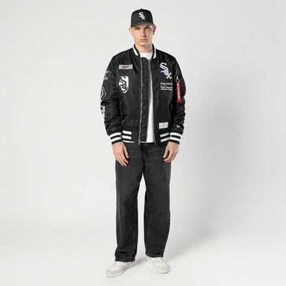 The Male model is wearing Chicago White Sox MLB X Alpha Black Bomber Jacket 5
