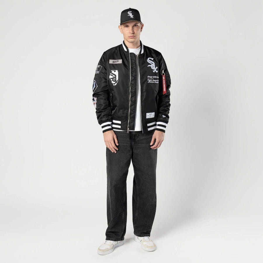 The Male model is wearing Chicago White Sox MLB X Alpha Black Bomber Jacket 5