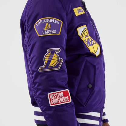 The Male model is wearing LA Lakers NBA x Alpha Purple Jacket 6