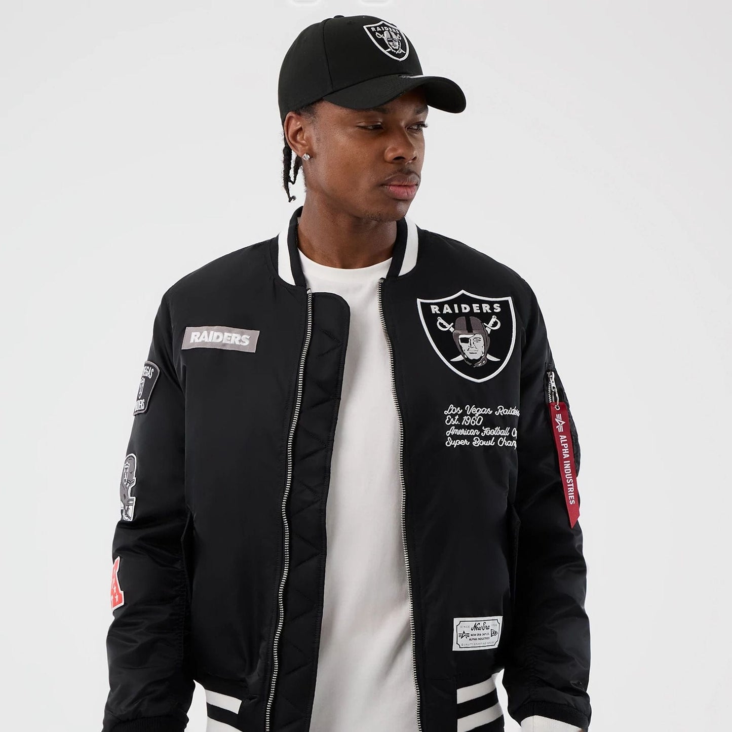 The Male model is wearing Las Vegas Raiders NFL x Alpha Black Jacket 7