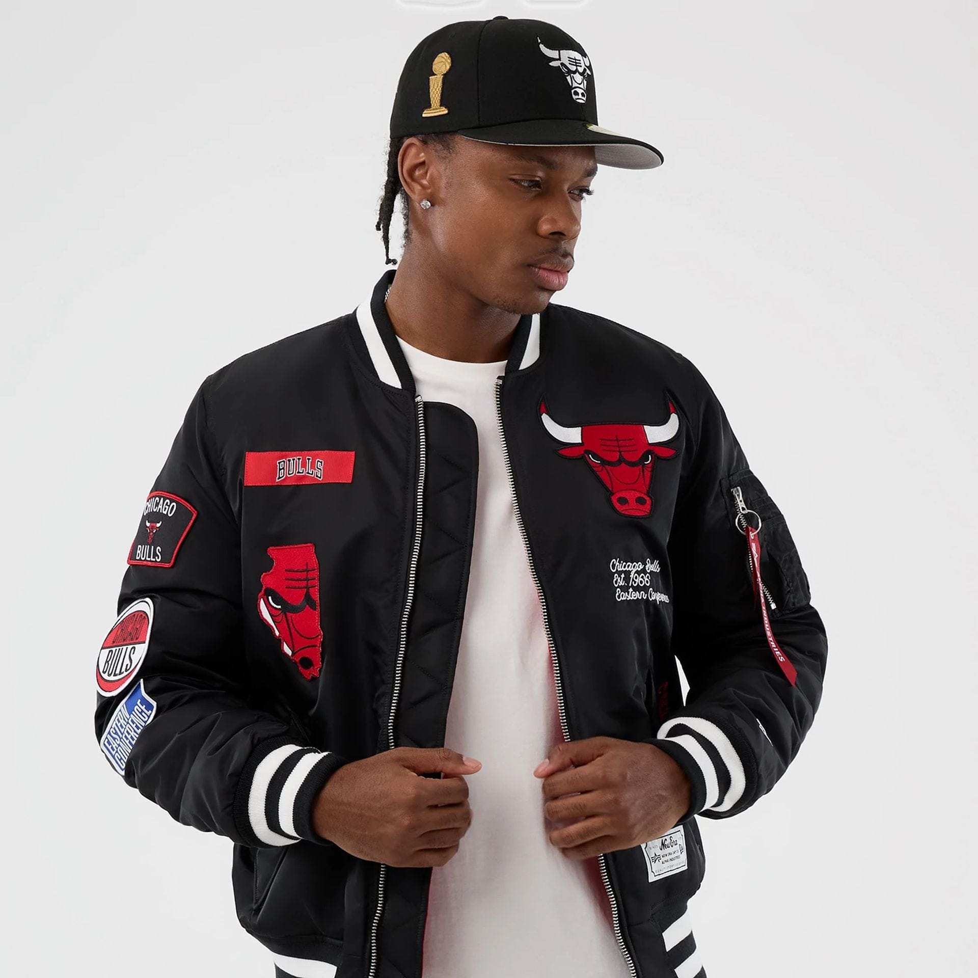 The Male model is wearing Chicago Bulls NBA x Alpha Black Jacket 4