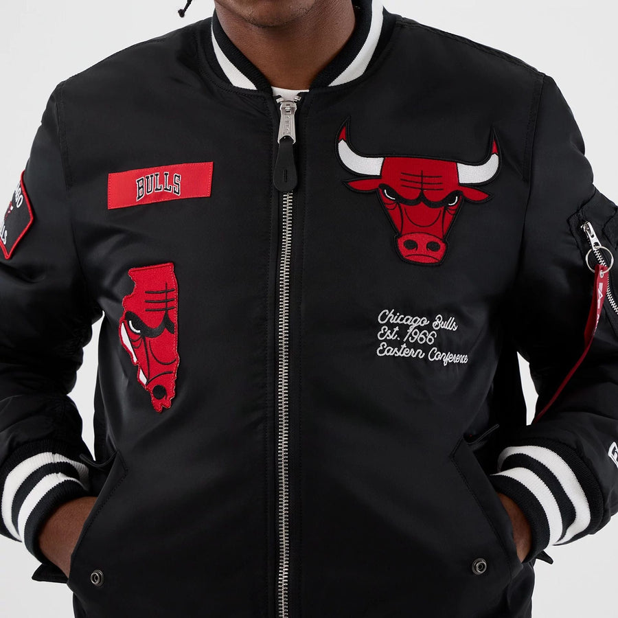 The Male model is wearing Chicago Bulls NBA x Alpha Black Jacket 5