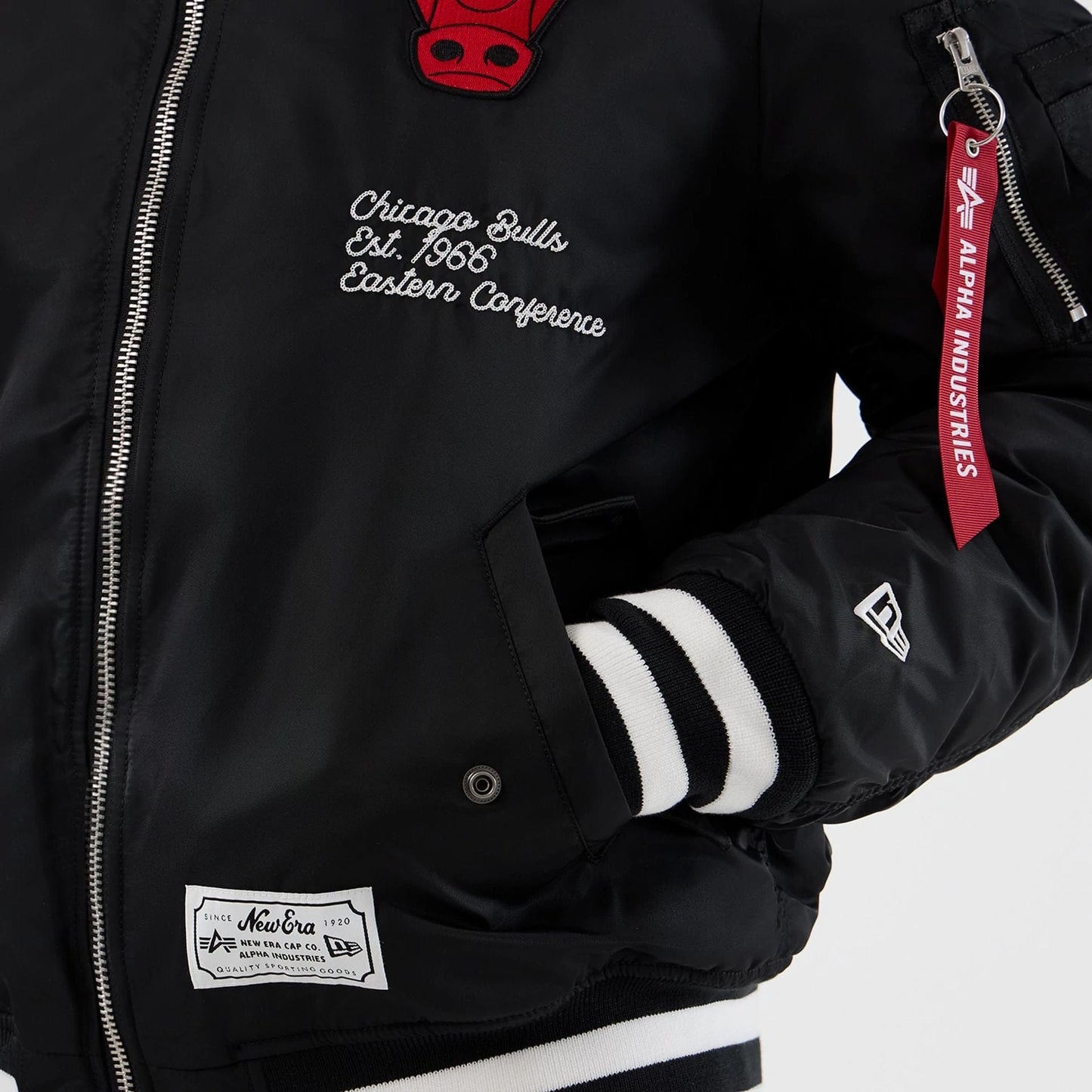 The Male model is wearing Chicago Bulls NBA x Alpha Black Jacket 6