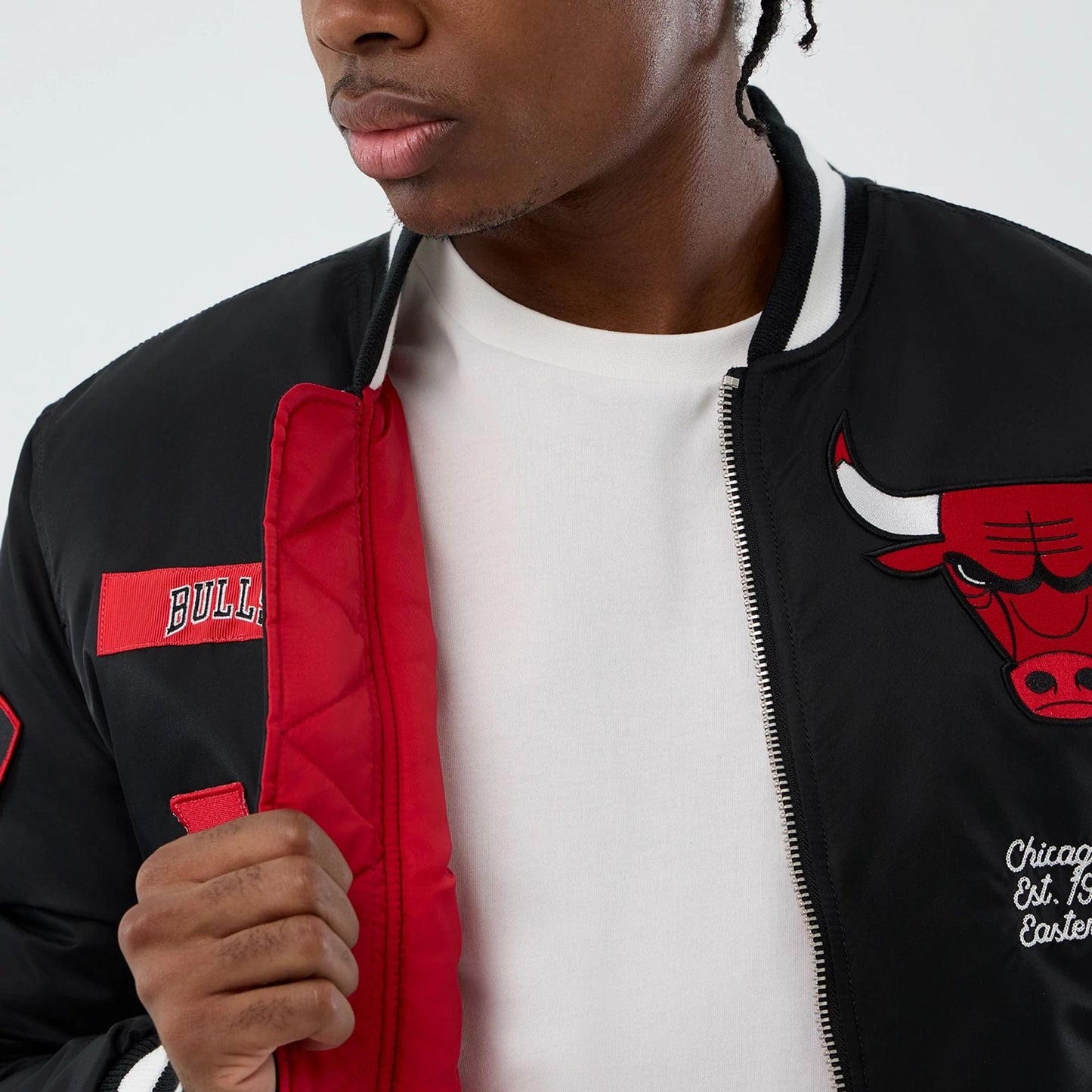 The Male model is wearing Chicago Bulls NBA x Alpha Black Jacket 3