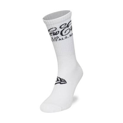 This is a New Era Script White Crew Socks 1