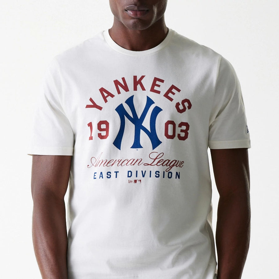 The Male model is wearing New York Yankees MLB Wordmark Open White T-Shirt 3