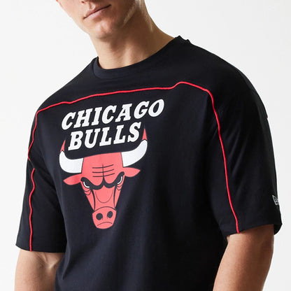 The Male model is wearing Chicago Bulls NBA Piping Black Oversized T-Shirt 6