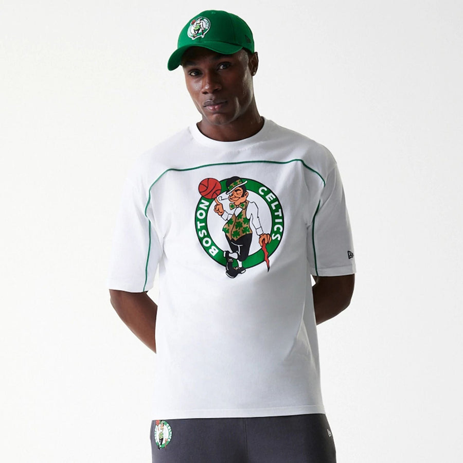 The Male model is wearing Boston Celtics NBA Piping White Oversized T-Shirt 3