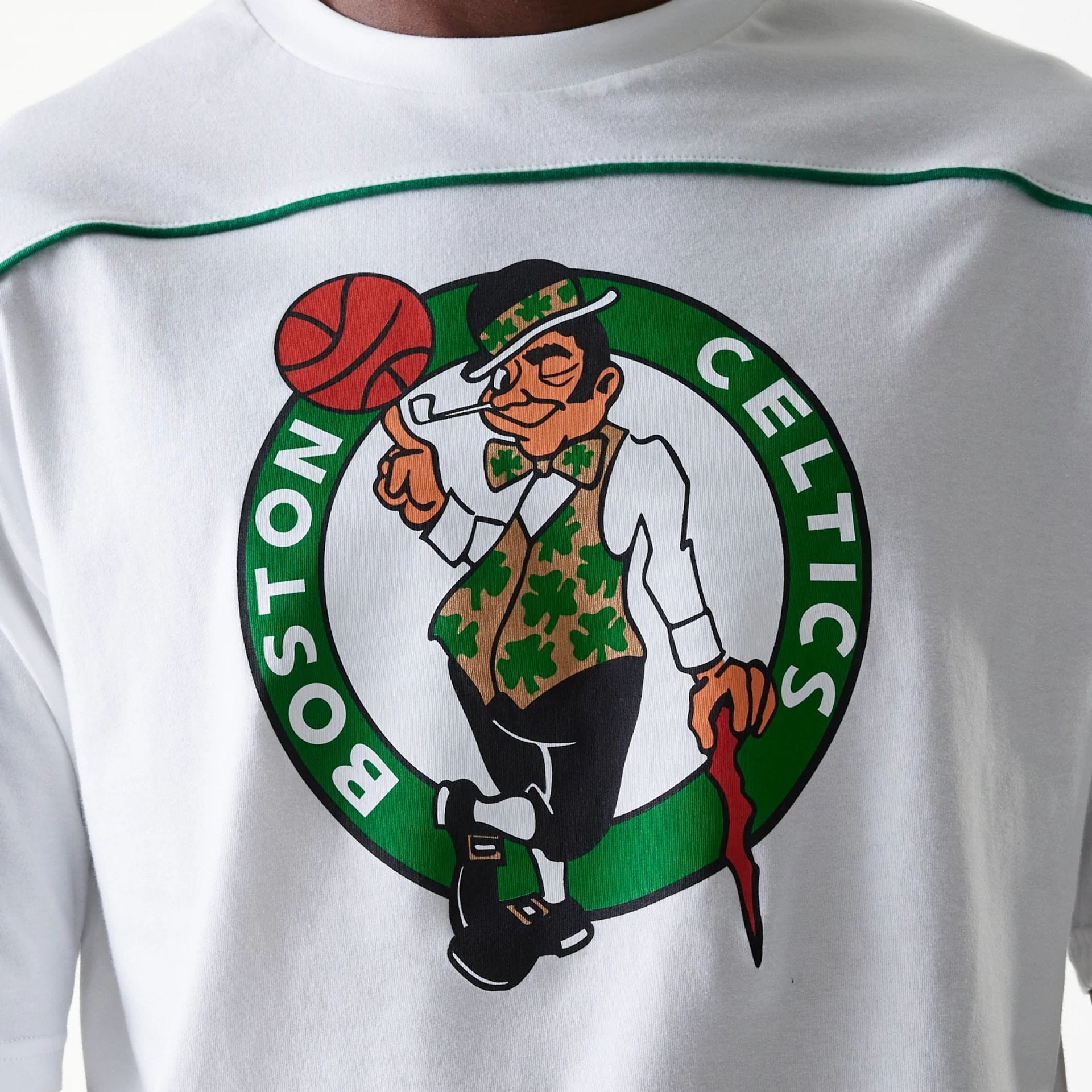 The Male model is wearing Boston Celtics NBA Piping White Oversized T-Shirt 4