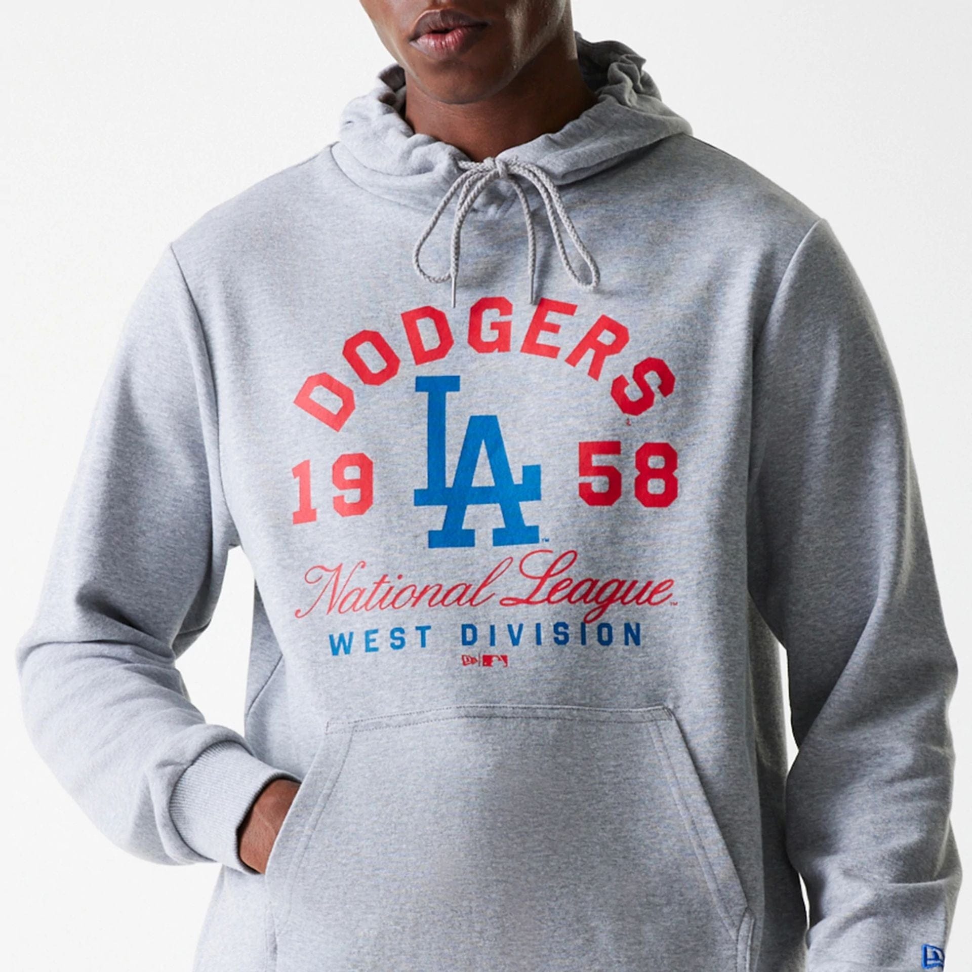 The Male model is wearing LA Dodgers MLB Wordmark Grey Pullover Hoodie 3