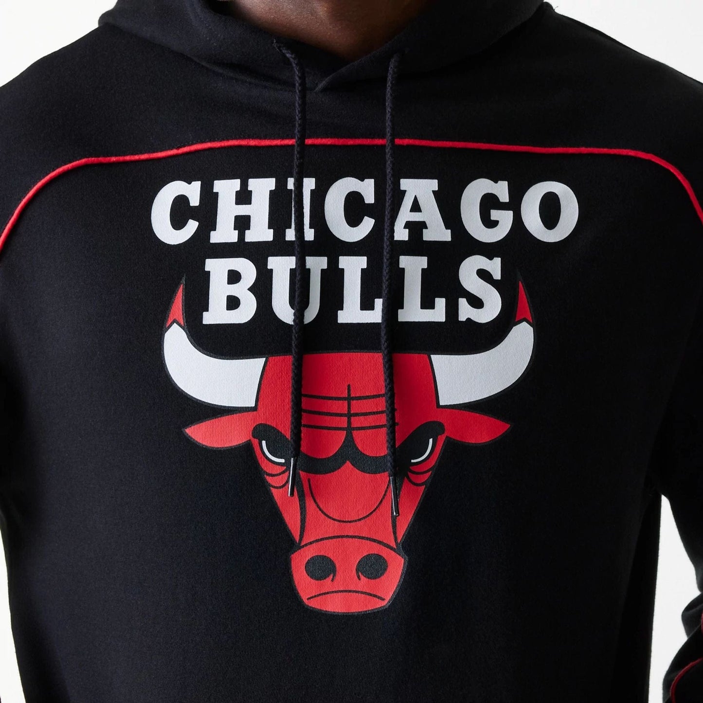 The Male model is wearing Chicago Bulls NBA Piping Black Oversized Pullover Hoodie 3
