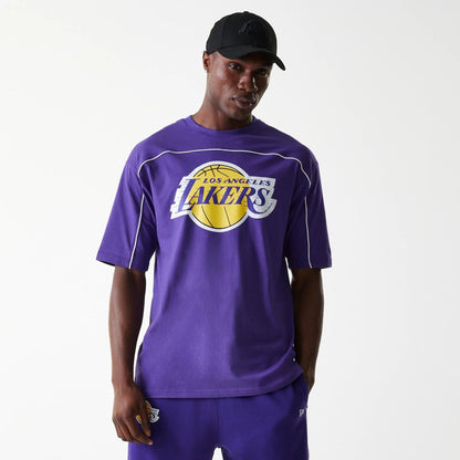 The Male model is wearing LA Lakers NBA Piping Purple Oversized T-Shirt 1
