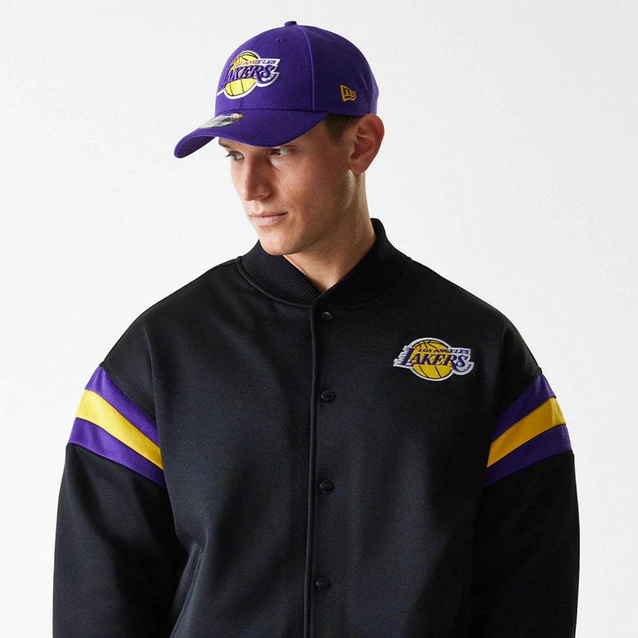 The Male model is wearing LA Lakers NBA Panel Black Bomber Jacket 2