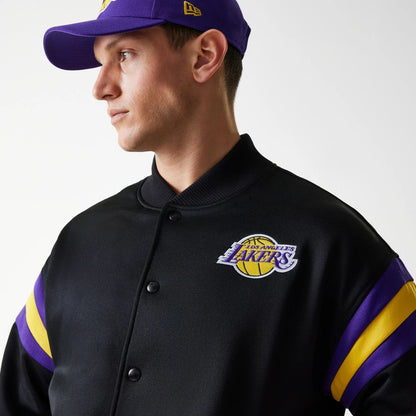 The Male model is wearing LA Lakers NBA Panel Black Bomber Jacket 3