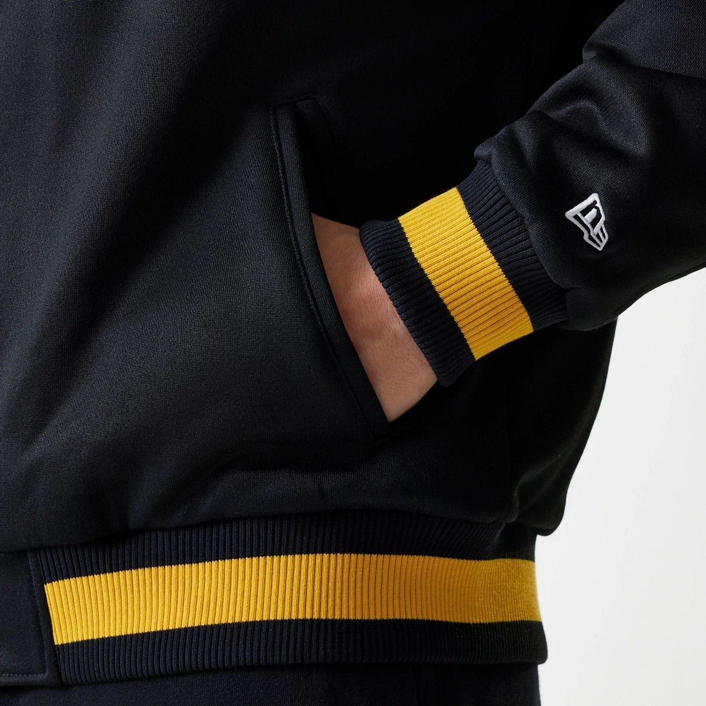 The Male model is wearing LA Lakers NBA Panel Black Bomber Jacket 4