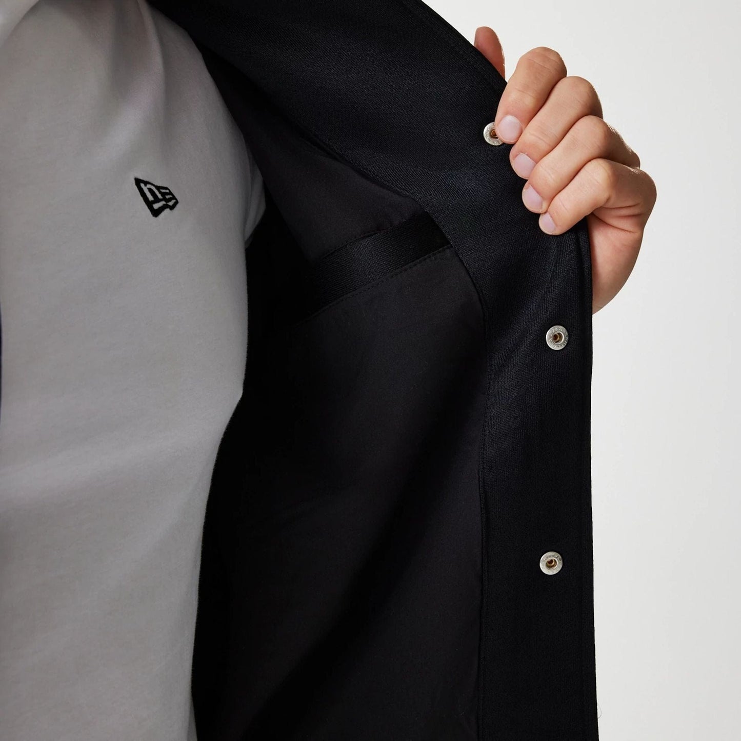 The Male model is wearing LA Lakers NBA Panel Black Bomber Jacket 5