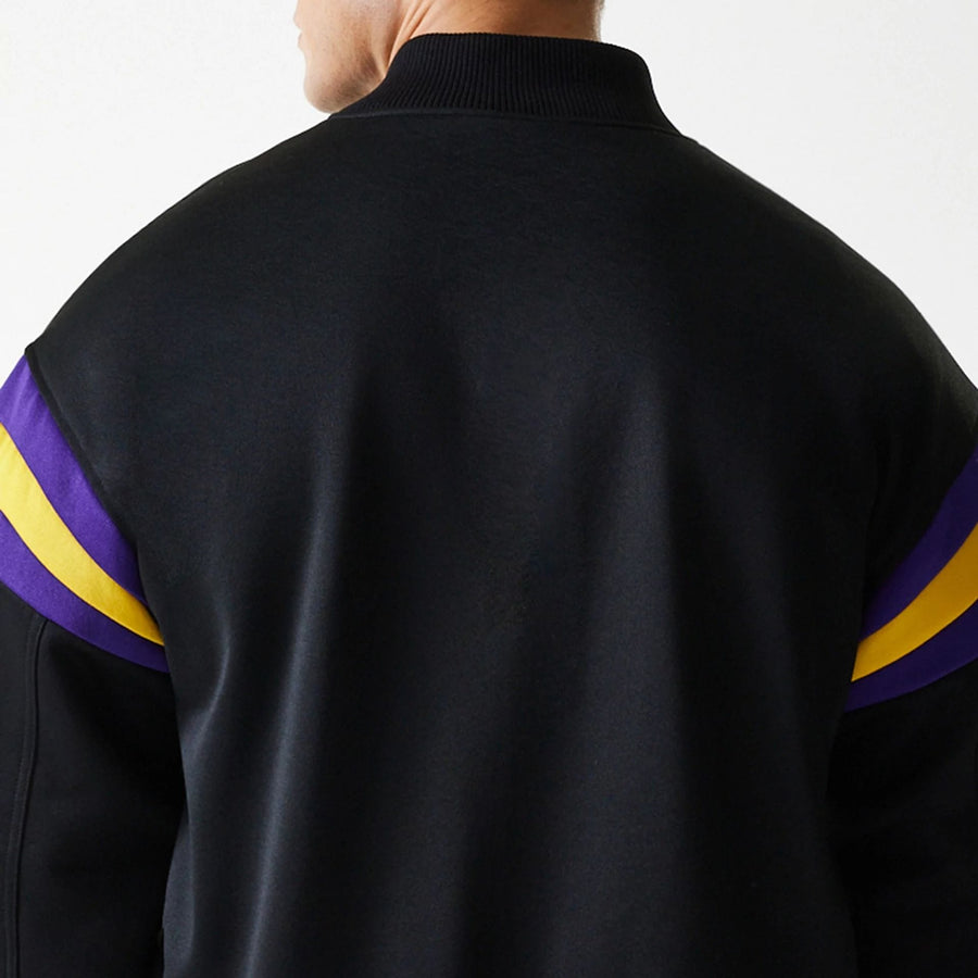 The Male model is wearing LA Lakers NBA Panel Black Bomber Jacket 6