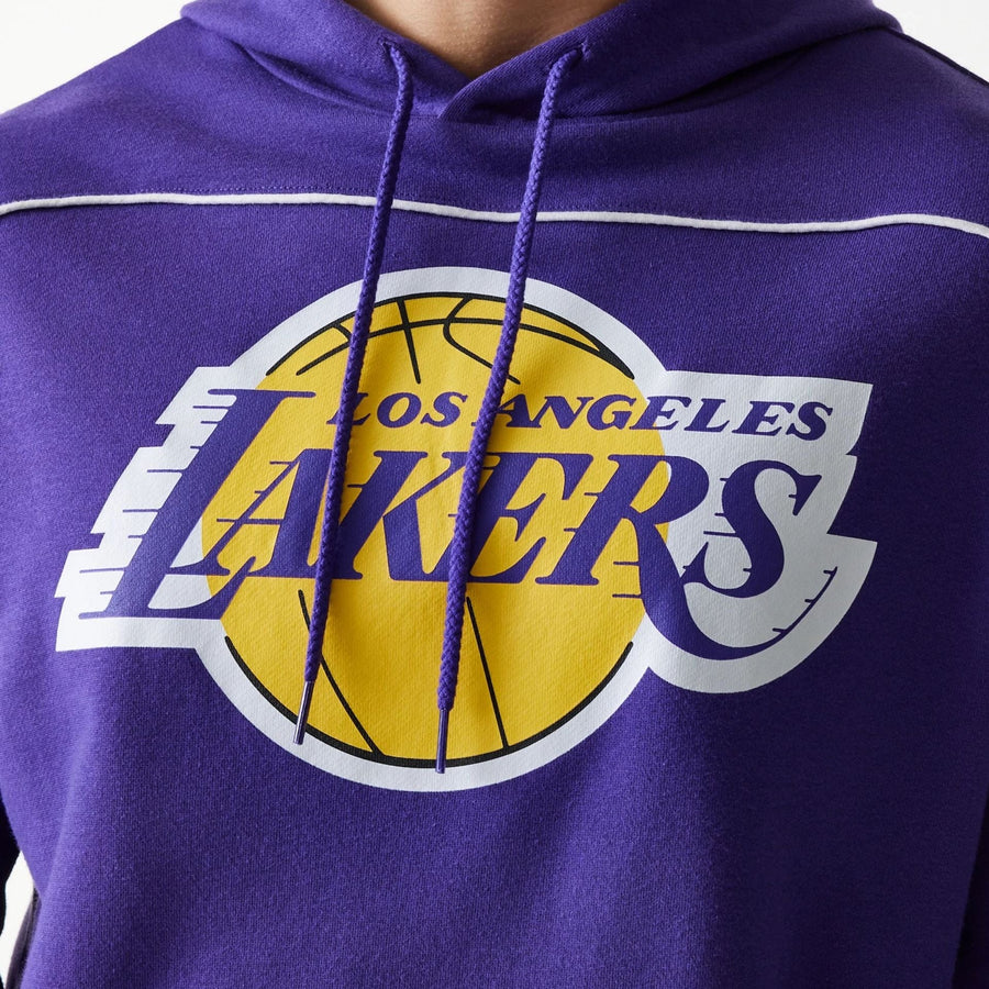 The Male model is wearing LA Lakers NBA Piping Purple Oversized Pullover Hoodie 4