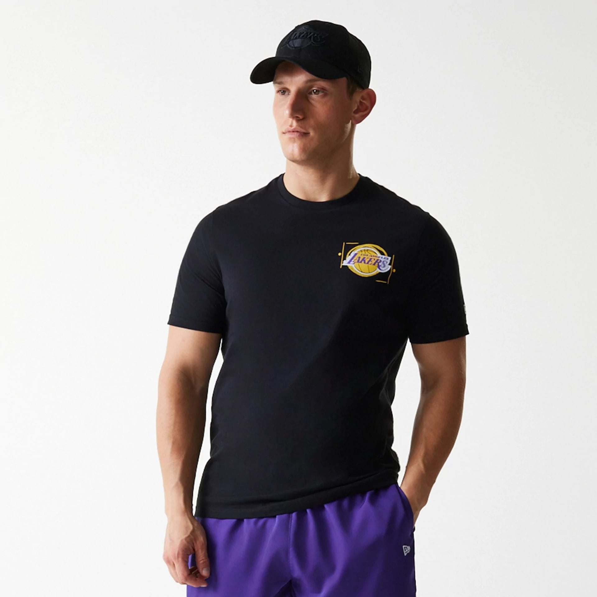 The Male model is wearing LA Lakers NBA Photographic Print Black T-Shirt 3