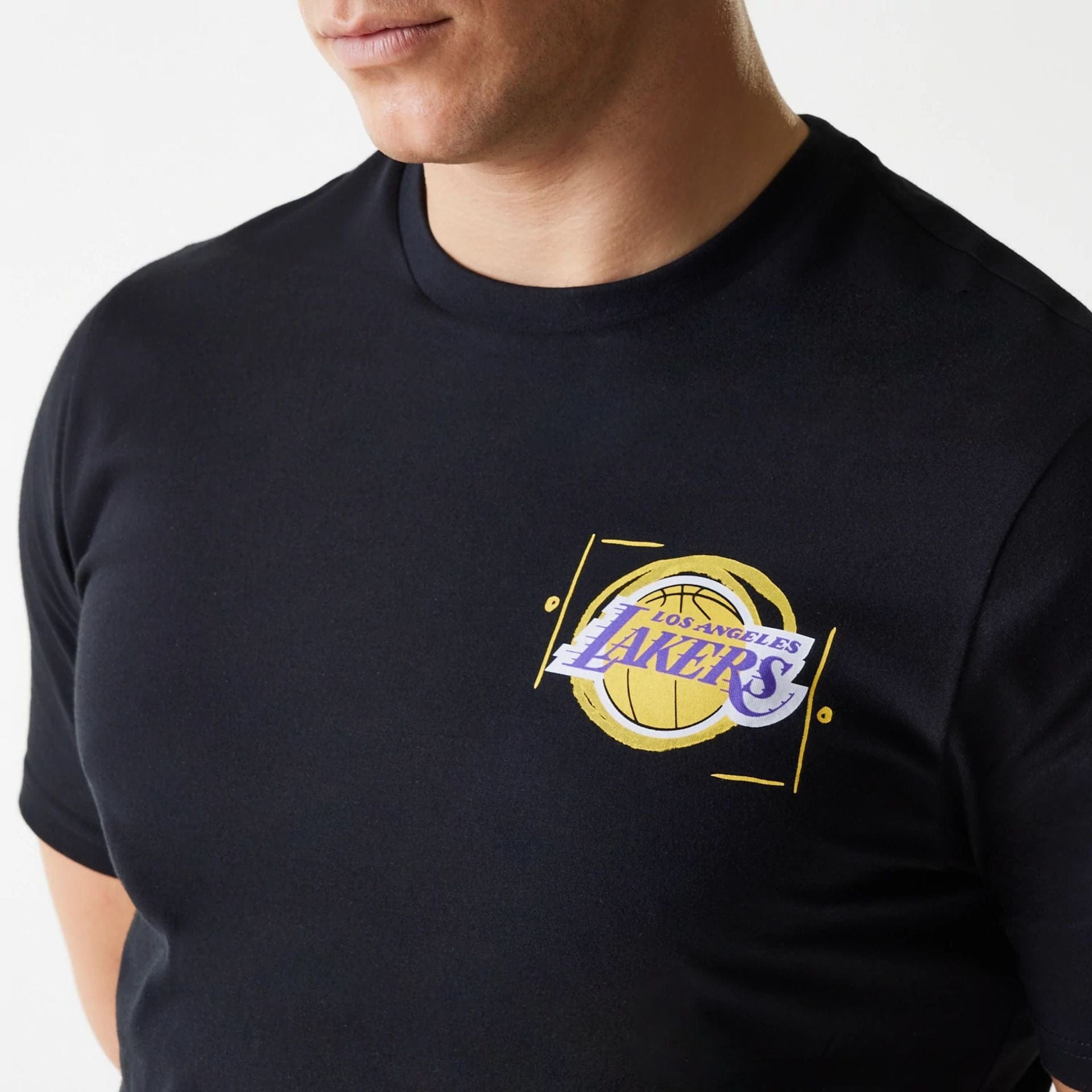 The Male model is wearing LA Lakers NBA Photographic Print Black T-Shirt 5