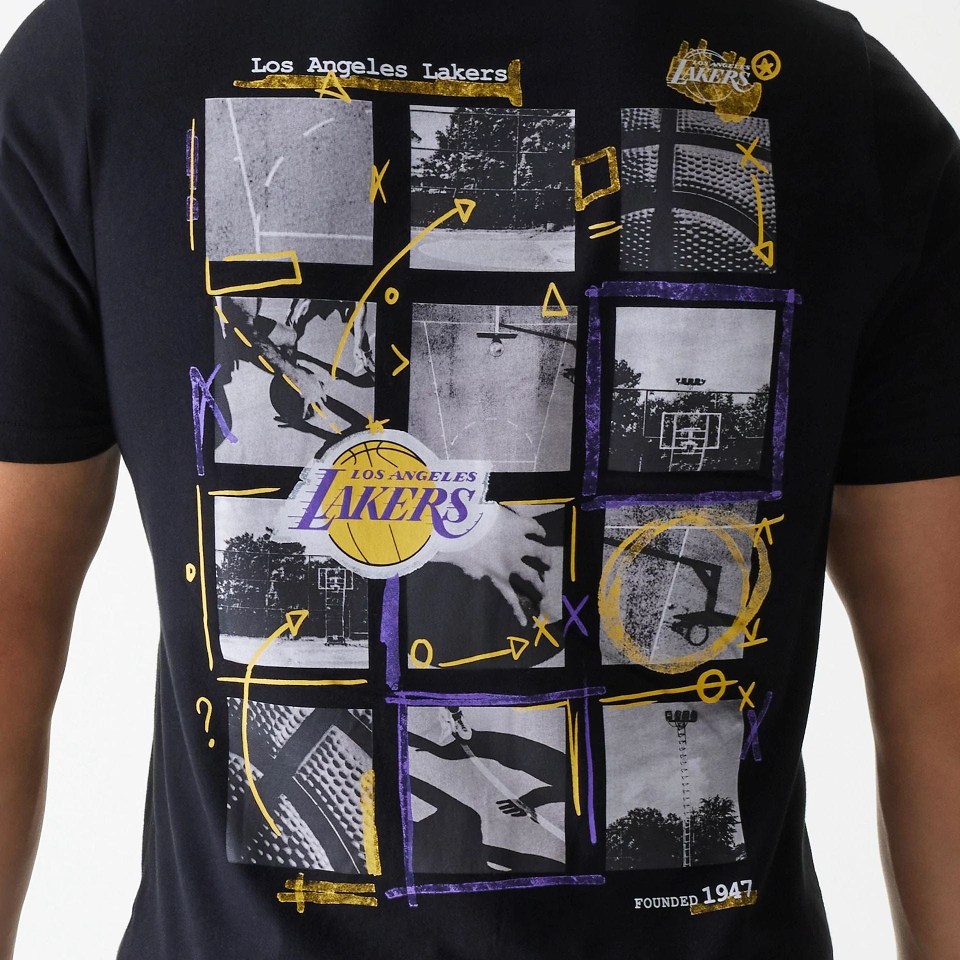 The Male model is wearing LA Lakers NBA Photographic Print Black T-Shirt 6