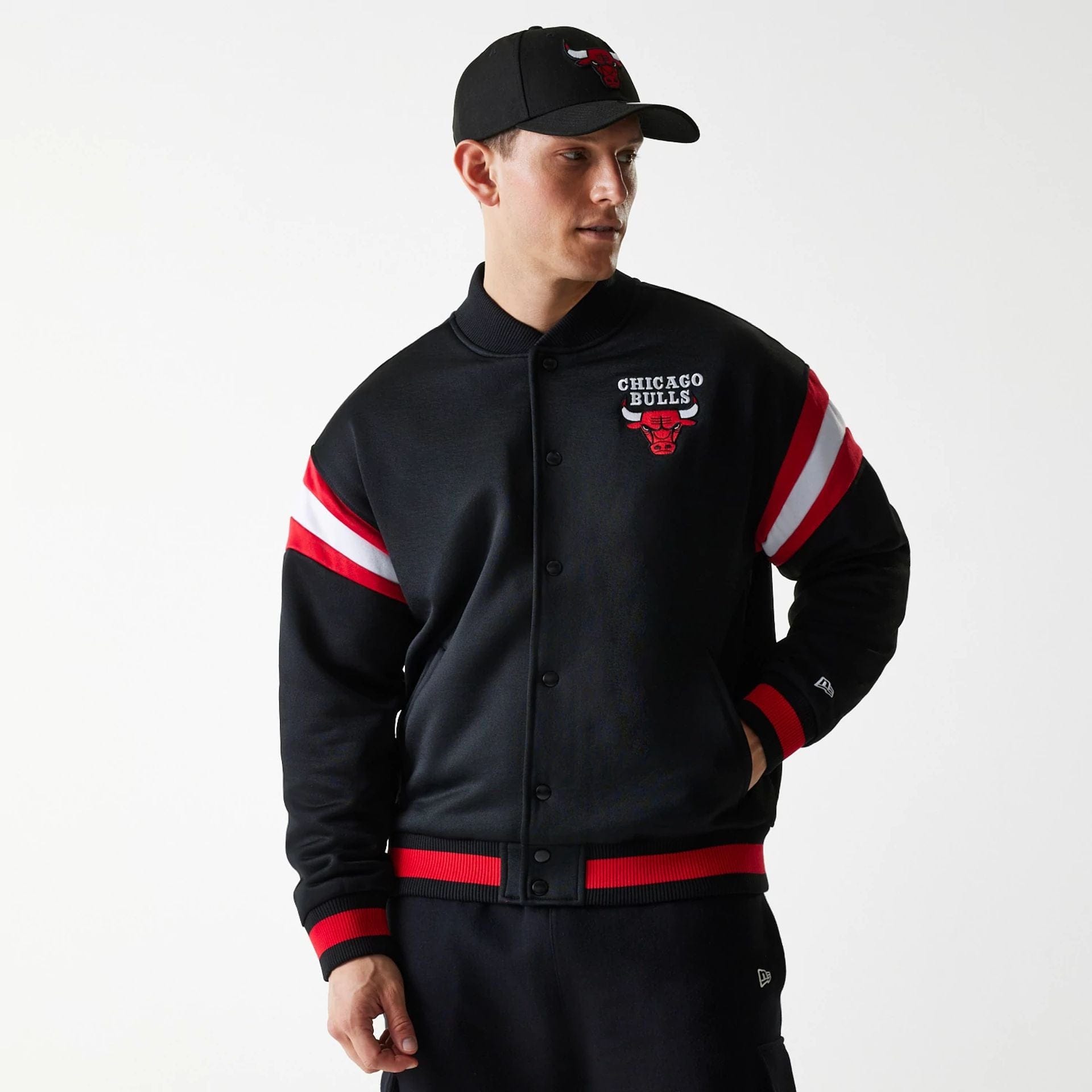 The Male model is wearing Chicago Bulls NBA Panel Black Bomber Jacket 1