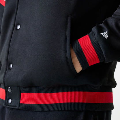 The Male model is wearing Chicago Bulls NBA Panel Black Bomber Jacket 5