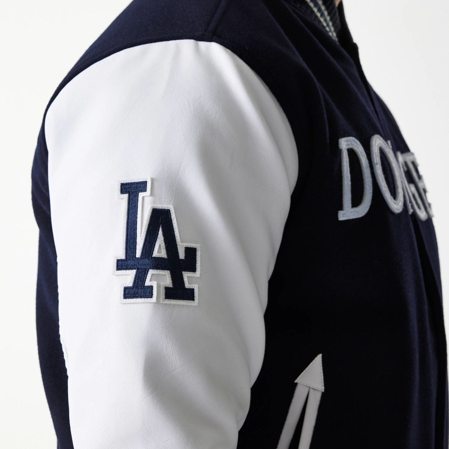The Male model is wearing LA Dodgers MLB Wordmark Navy Varsity Jacket 4
