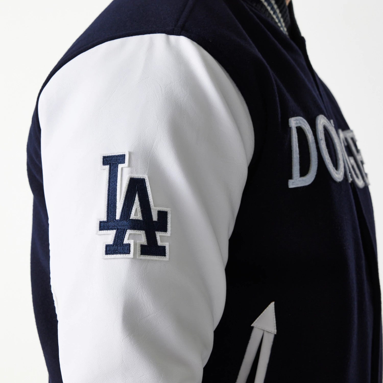 The Male model is wearing LA Dodgers MLB Wordmark Navy Varsity Jacket 4