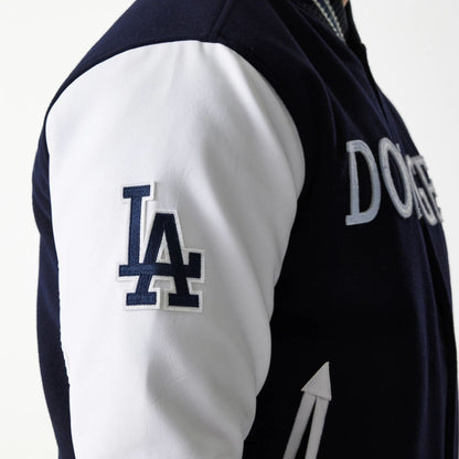 The Male model is wearing LA Dodgers MLB Wordmark Navy Varsity Jacket 4