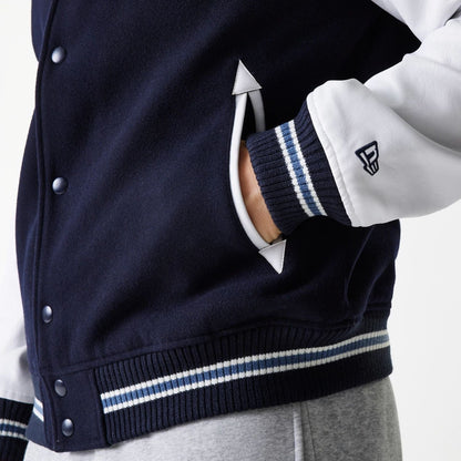 The Male model is wearing LA Dodgers MLB Wordmark Navy Varsity Jacket 5