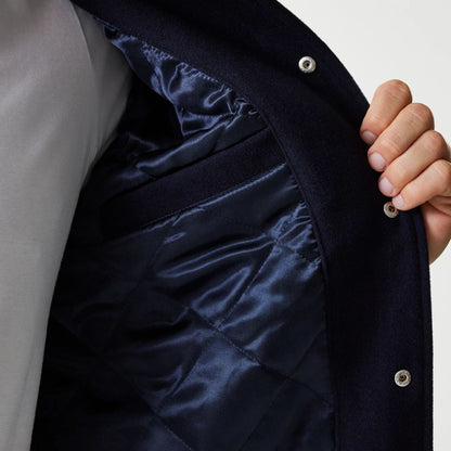 The Male model is wearing LA Dodgers MLB Wordmark Navy Varsity Jacket 6