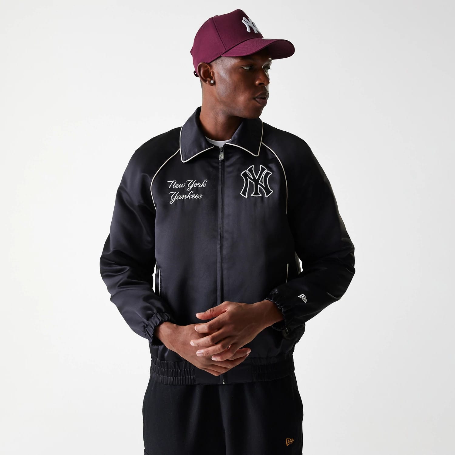 The Male model is wearing New York Yankees MLB Club Black Club Jacket 3