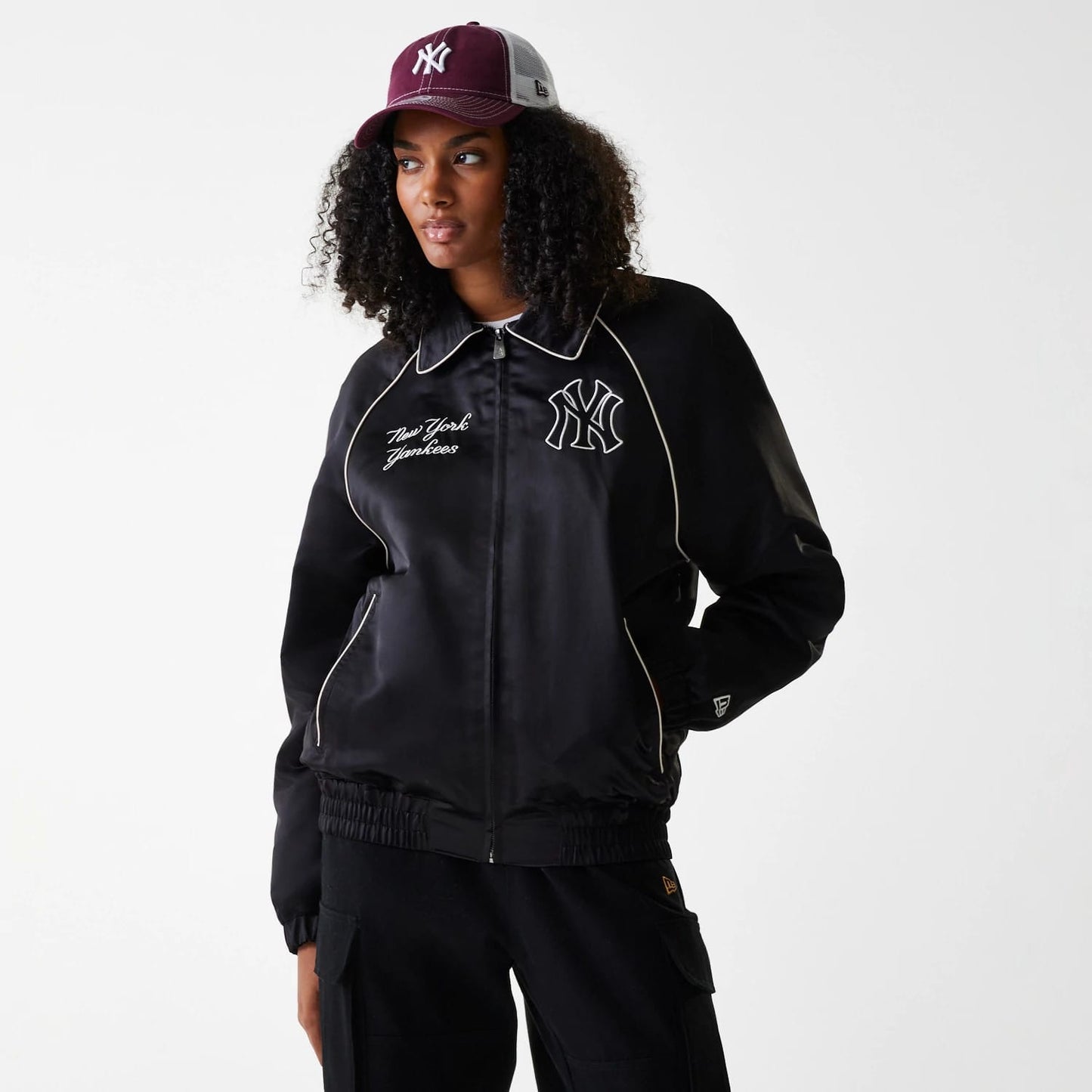 The Male model is wearing New York Yankees MLB Club Black Club Jacket 4