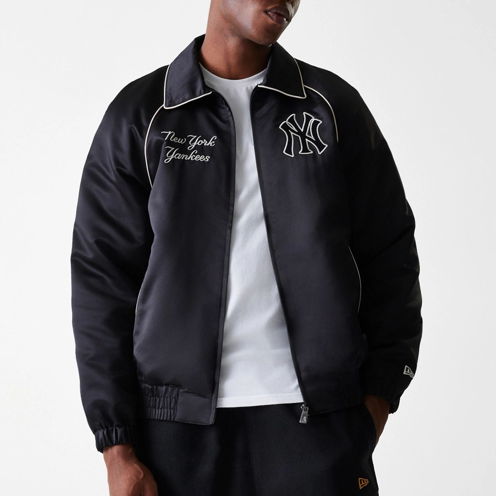 The Male model is wearing New York Yankees MLB Club Black Club Jacket 5