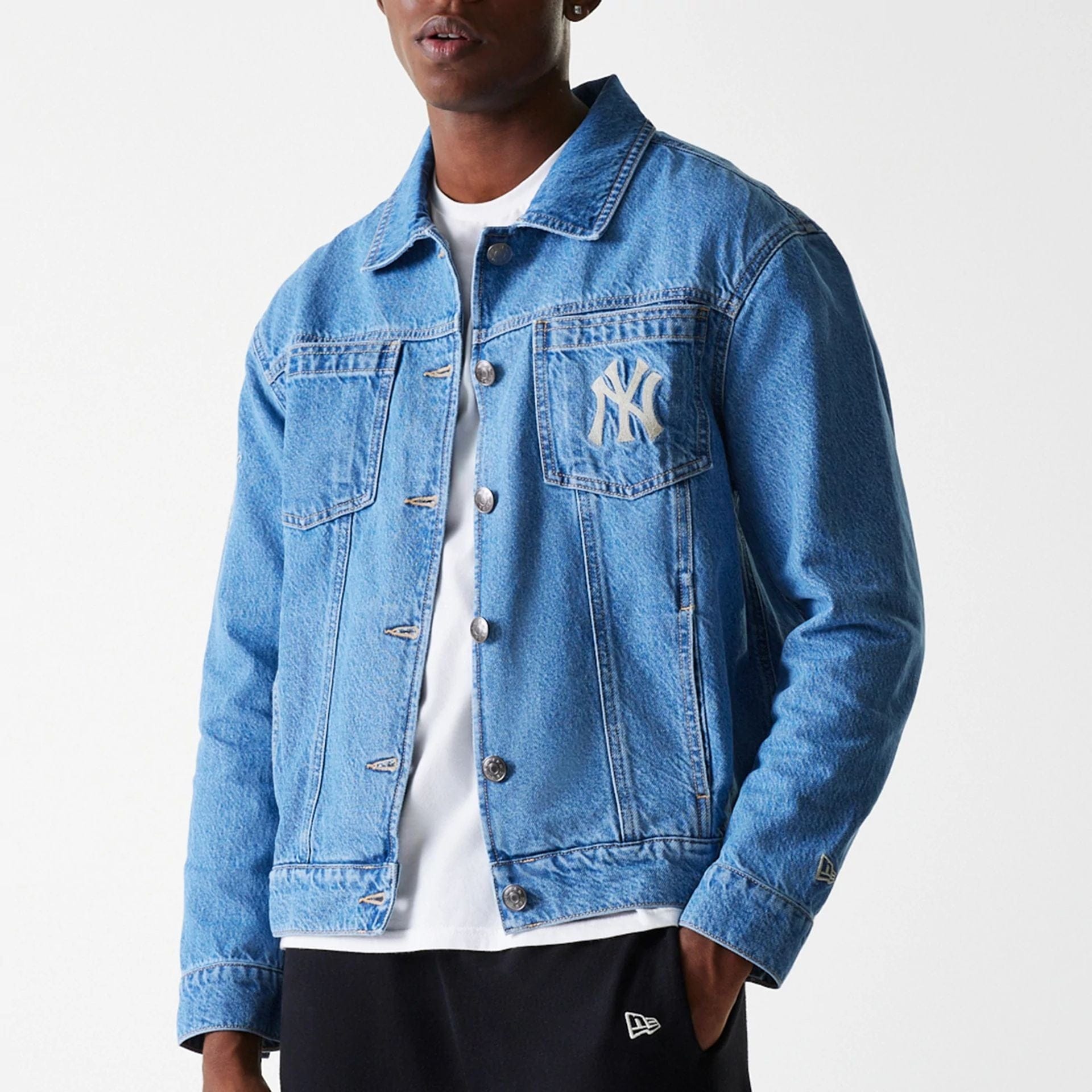 The Male model is wearing New York Yankees MLB Denim Dark Blue Denim Jacket 5