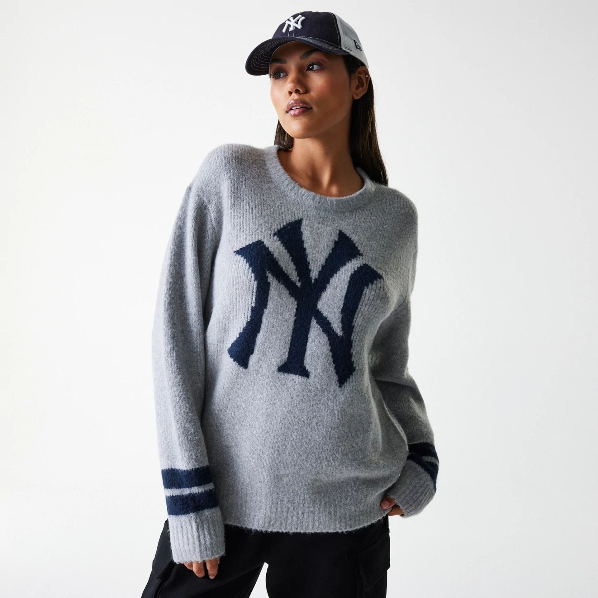 The Male model is wearing New York Yankees MLB Knit Grey Oversized Knit Sweater 4