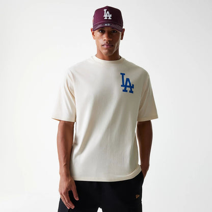 The Male model is wearing LA Dodgers MLB Baseball Graphic Light Beige Oversized T-Shirt 3