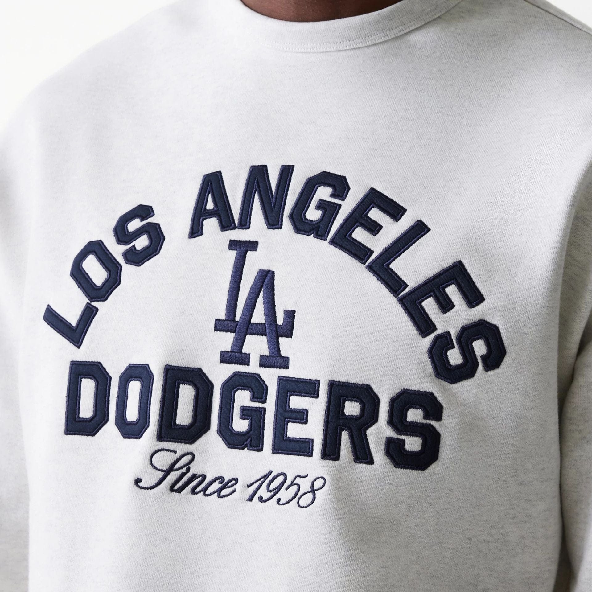 The Male model is wearing LA Dodgers MLB Heritage Pastel Grey Oversized Crew Neck Sweater 4
