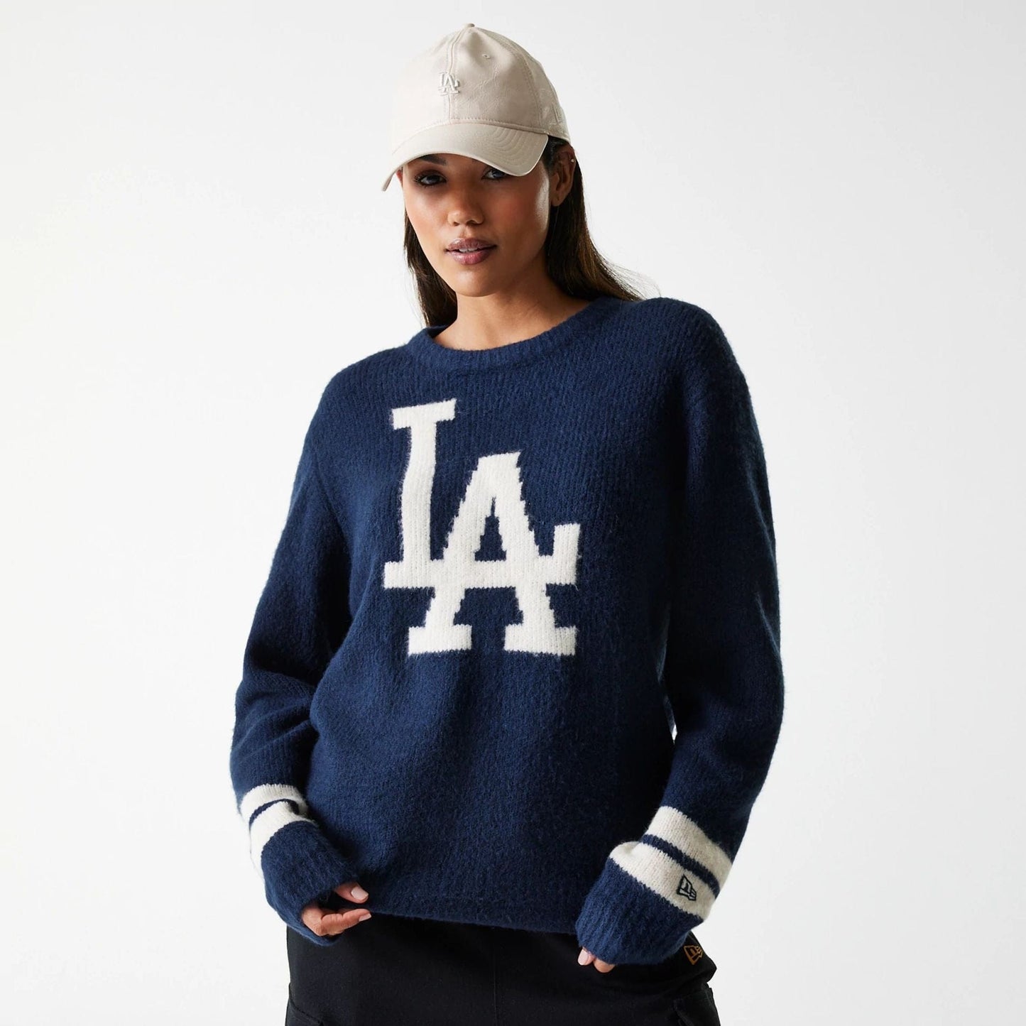 The Male model is wearing LA Dodgers MLB Knit Navy Oversized Knit Sweater 4