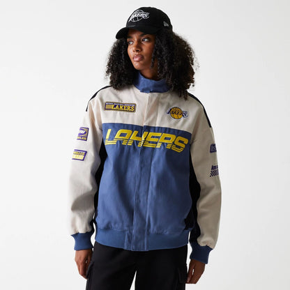 The Male model is wearing LA Lakers NBA Motorsport Dark Blue Motorsports Jacket 4