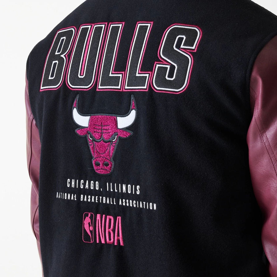 The Male model is wearing Chicago Bulls NBA Patch Black Varsity Jacket 6