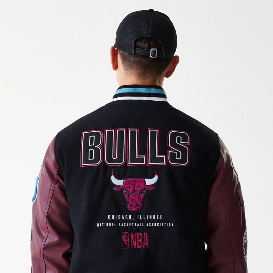 The Male model is wearing Chicago Bulls NBA Patch Black Varsity Jacket 7