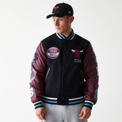 The Male model is wearing Chicago Bulls NBA Patch Black Varsity Jacket 1