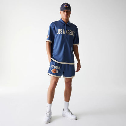 The Male model is wearing LA Lakers NBA Snap Button Dark Blue Short Sleeve Shirt 8