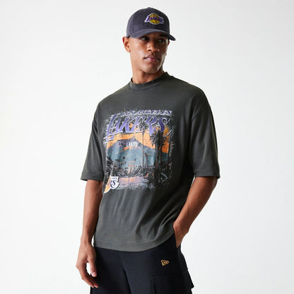 The Male model is wearing LA Lakers NBA Washed Graphic Grey T-Shirt 3